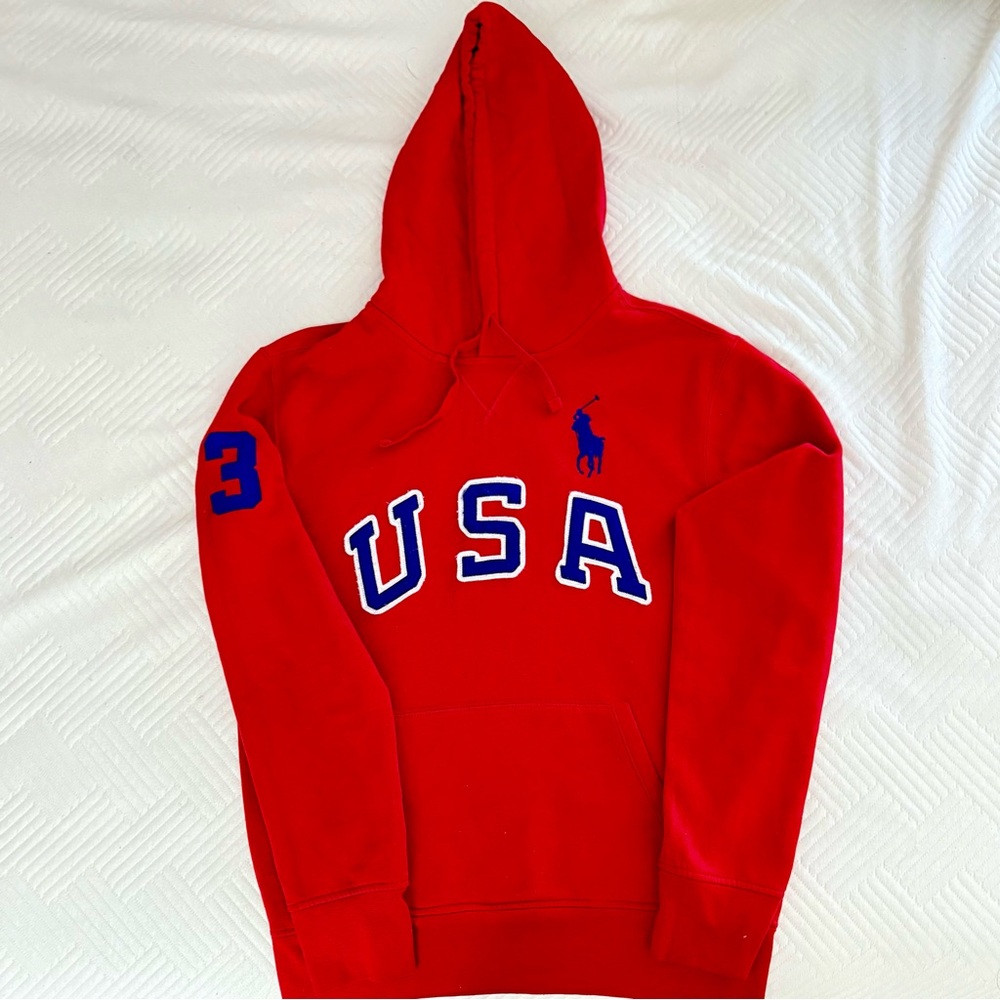 Vintage Ralph Lauren Polo USA Red/white/Blue Hoodie with Blue Horse | Medium